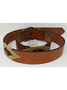Gaucho Brown Leather Belt 90 35" Embroidered Western Tribal Brass Buckle #D17-L